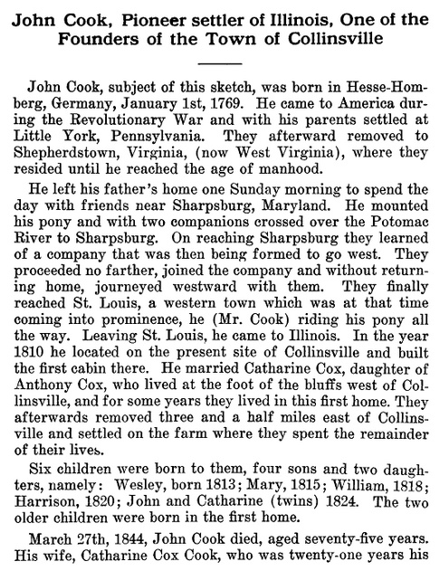 John Cook settler of Collinsville, Illinois
